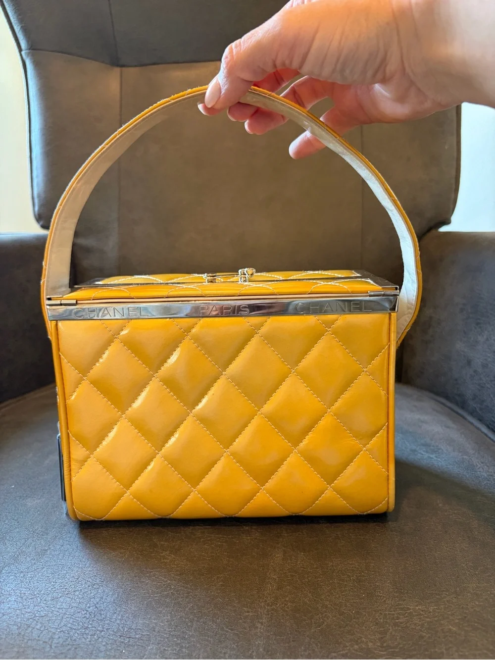 CHANEL Yellow Quilted Top-Handle Vanity Bag with Metal Trim